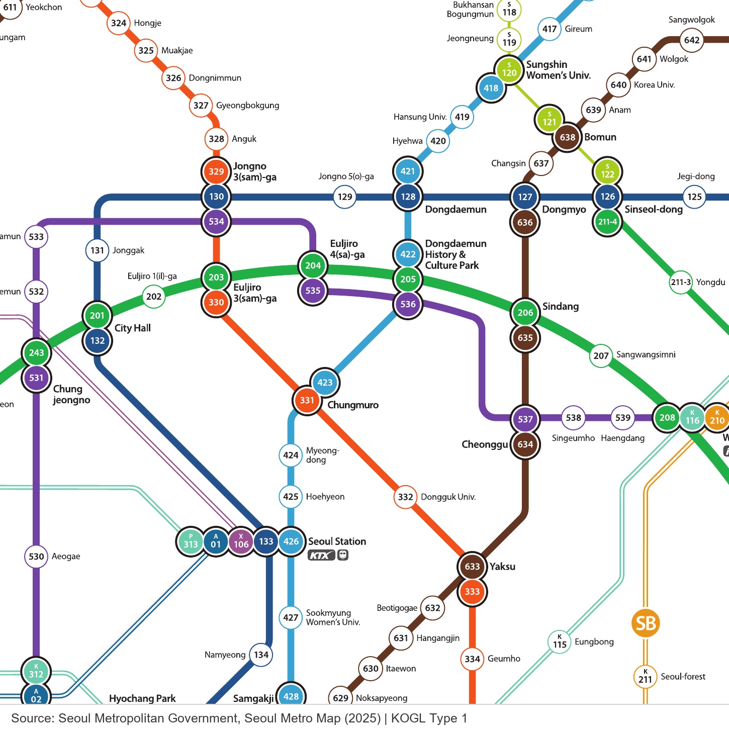 Enlarged central Seoul subway map showing station numbers and connected line colors