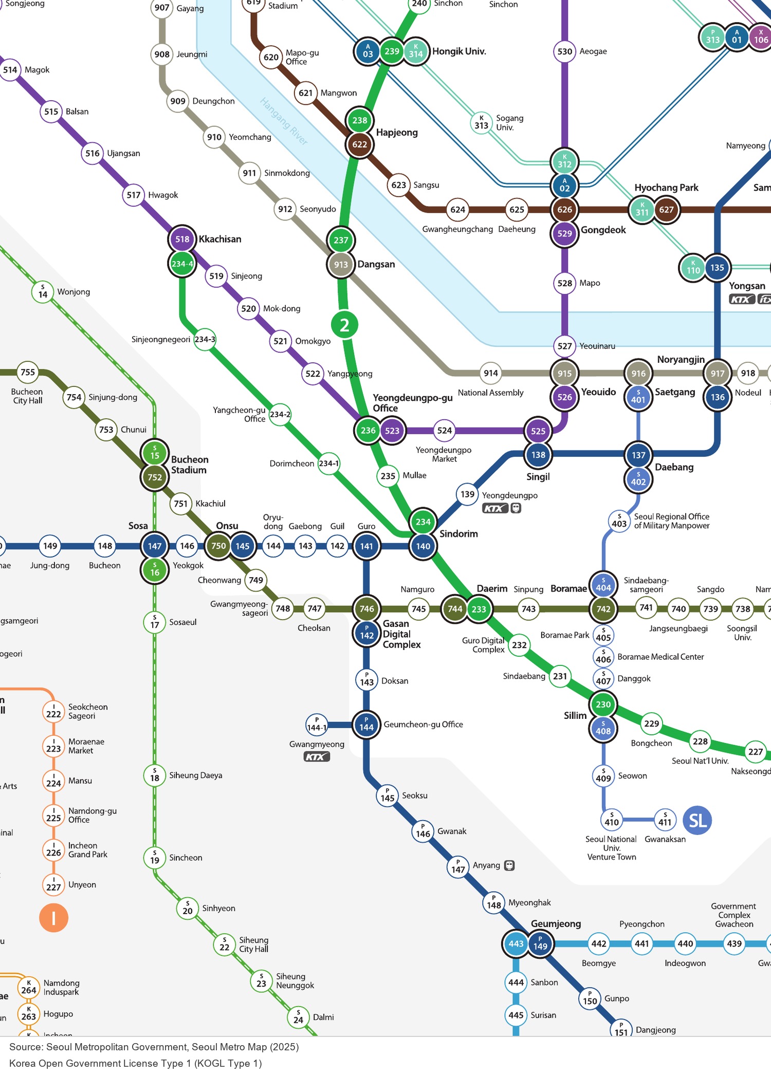 Enlarged section of the Seoul subway map showing Line 1 splitting into separate branches southwest of central Seoul