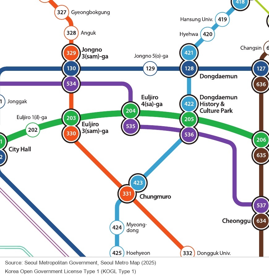 Map detail showing the Line 3 journey from Anguk to the Line 4 transfer at Chungmuro and onward to Myeongdong