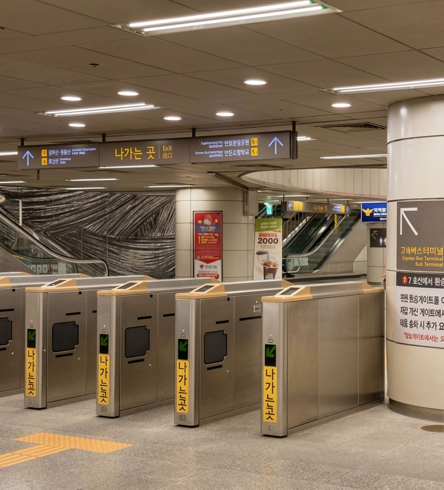 A row of standard subway ticket gates beneath yellow Way Out signs in Seoul