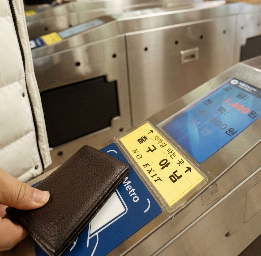 A passenger tapping a transit card wallet on the reader at a Seoul subway gate