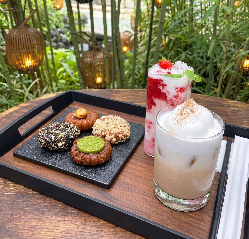 Traditional-inspired cookies and colorful drinks served in an Ikseon-dong courtyard café