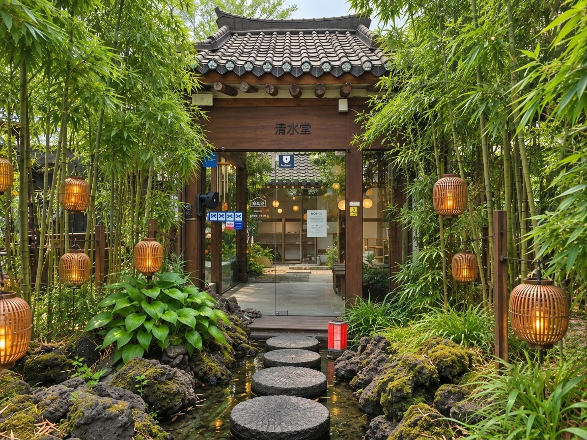 Cheongsudang entrance surrounded by bamboo and lanterns in Ikseon-dong